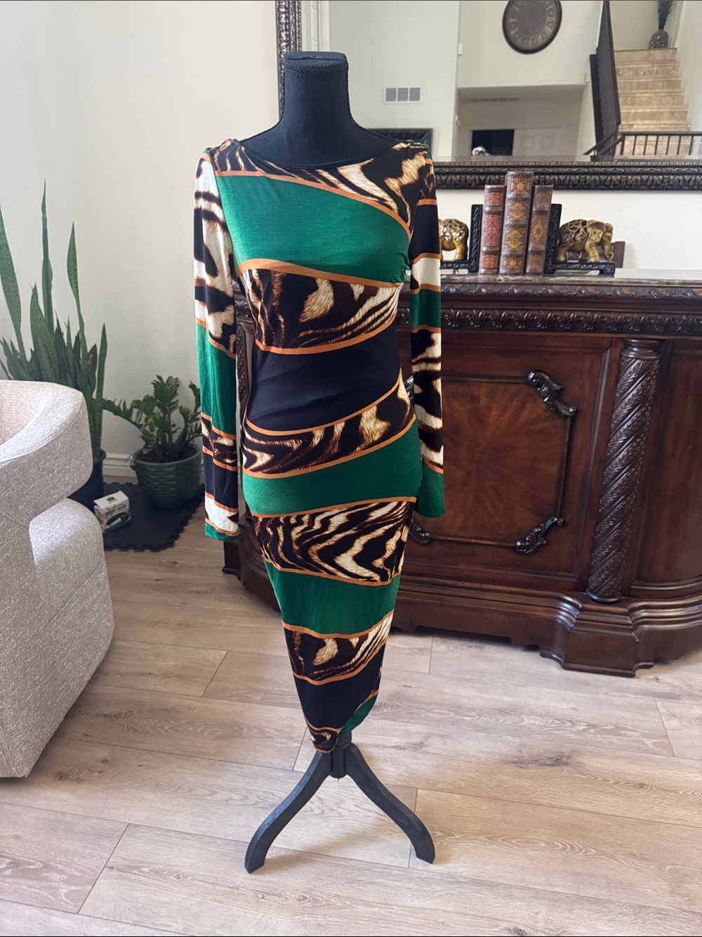 Va Va Voom Green, Black and Brown Animal-Print Midi Dress